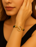 Classy Golden Zircon S Alphabet Green Lather Bracelet / Watch For Girls / Women