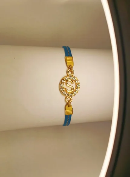Classy Zircon Golden S Alphabet Sky Blue Leather Bracelet / Watch For Girls, Women