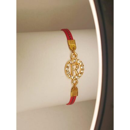 Classy Zircon Golden R Alphabet Red Lather Bracelet Watch For Girls, Women