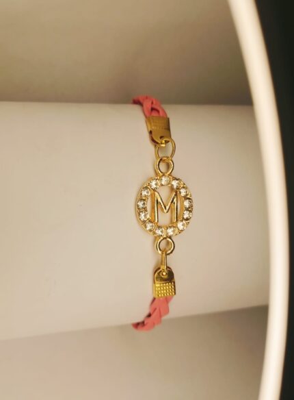 New Fashion Golden Zircon A to Z Alphabet Pink Color Leather Bracelet / Watch For Girl,s(1 Piece)