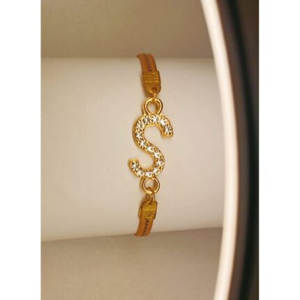 Classy Zircon S Alphabet Golden Leather Bracelet / Watch For Girls, Women