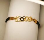 Classy Zircon Golden Love Black Leather Bracelet Watch For Girls, Women - Image 3