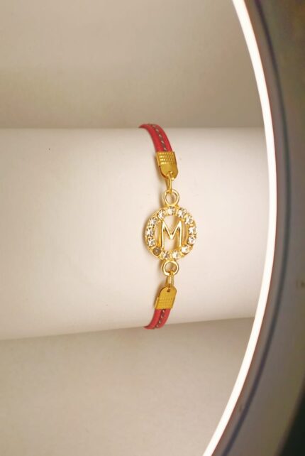 New, Classy Zircon Golden M Alphabet Red Leather Bracelet / Watch For Girl,s