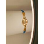 Classy Zircon Golden M Alphabet Sky Blue Lather Bracelet / Watch For Girls / Women