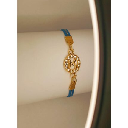 Classy Zircon Golden M Alphabet Sky Blue Lather Bracelet / Watch For Girls / Women