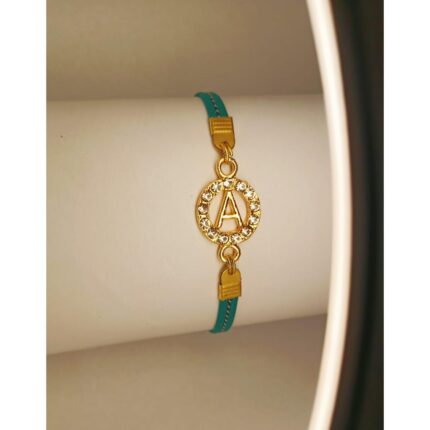 Classy Zircon Golden A Alphabet Green Leather Bracelet Watch For Girls