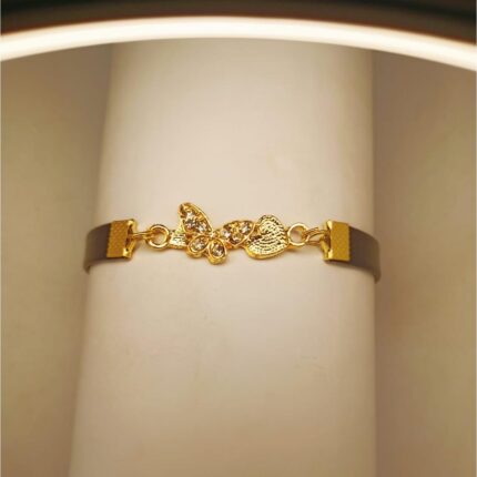 Classy Zircon Golden Butterfly Black Leather Bracelet Watch For Girls, Women
