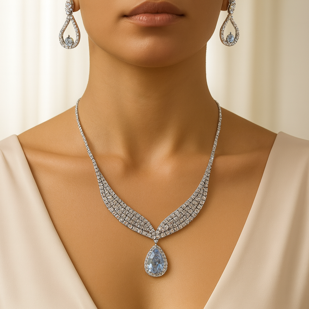 36bd38473821dffa44c89841a587640e New Stylish Choker Zircon Silver Necklace with Earrings Set - Fancy Jewelry for Ladies - Image 1