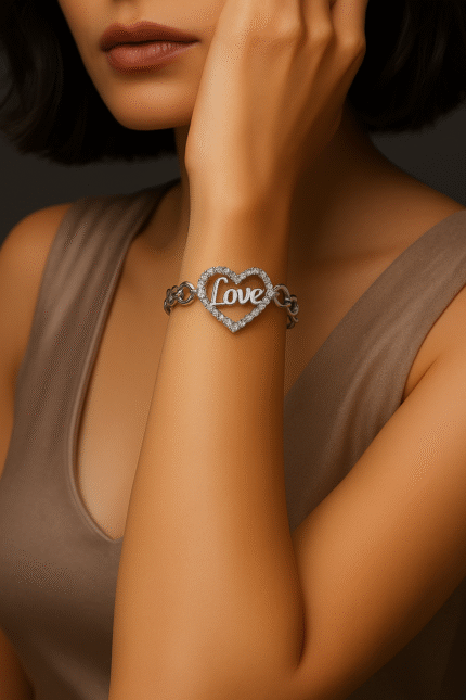 Silver Heavy Imported Chain & Heat Love Bracelet / Watch For Girl,s