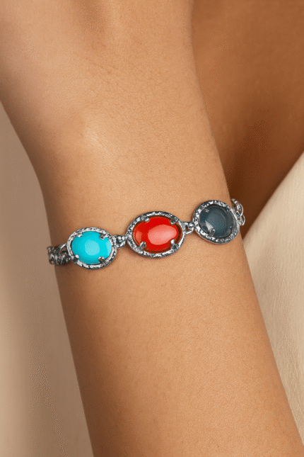 New Stainless Steel Chain with 3 Oval Feroza Stone Bracelet / Watch For Men,s & Boy,s