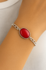 New Classic Silver Chain & Red Oval Stone Bracelet / Watch for Boy,s