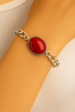 New Classic Silver Chain & Red Oval Stone Bracelet / Watch for Boy,s - Image 5